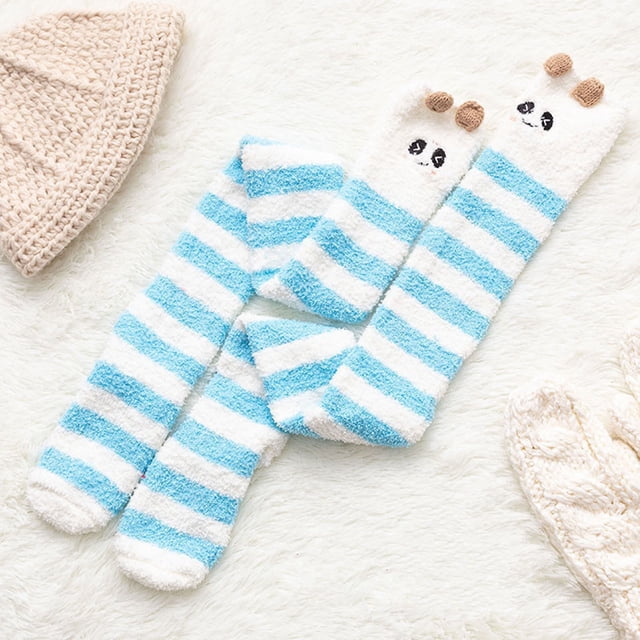 Chaussettes en Molleton Corail pour Femmes au-Dessus du Genou Épaissies Chaudes Serviette de Sommeil Chaussettes Rayées