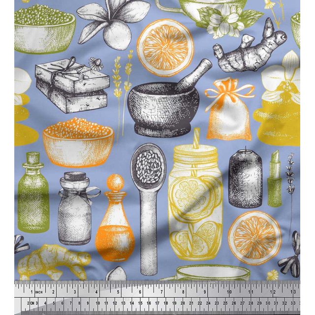 Soimoi Modal Satin Fabric Ginger,Jar & Mortar and Pestle Kitchen Print Fabric by the Yard 42 Inch Wide