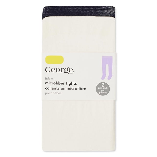 George Baby Girls' Tights 2-Pack in white knit microfiber with black elasticized waistband, folded with label showing infant size and two pairs included, offering stretch fit pantyhose suitable for layering under dresses or skirts.