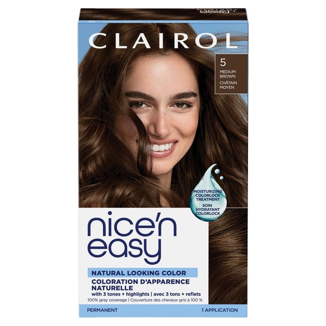 Clairol Nice'n Easy Permanent Hair Dye front-facing product box showing brand name and ColorBlend claims; permanent hair color kit includes color creme, activating lotion and ColorSeal conditioner. Creates 3 tones and highlights, covers 100% gray and lasts up to 8 weeks; ME+ dye molecule noted on box. Studio backdrop; suitable for testing shade on a swatch strip.