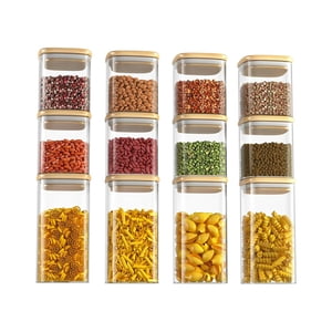 TechGen Square Glass Storage Jars with Airtight Lids, Clear Kitchen Food Storage Containers for Spices, Sugar, Coffee and Pantry Organization, 12-Pack