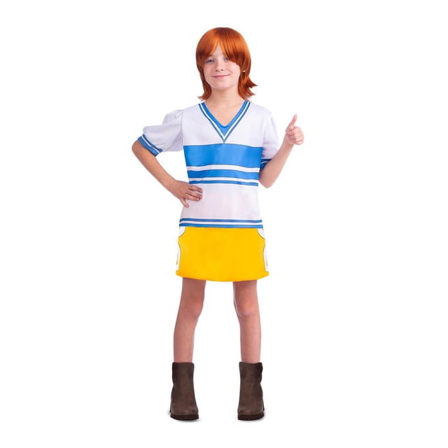 ONEPIECE Official Nami Child Costume showing a child in a white and blue printed T-shirt, yellow skirt with white side details, brown boots, and a short orange wig, posed front-facing with one hand on hip and the other giving a thumbs up, suitable for Halloween anime cosplay.