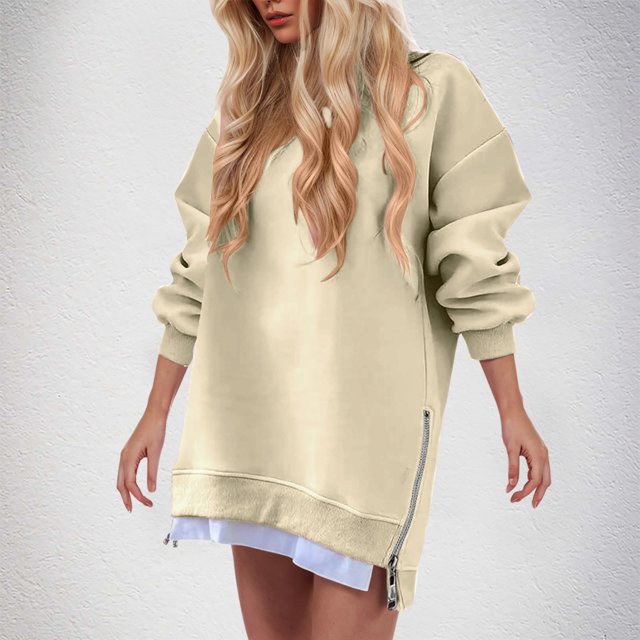 Gspmoly Robe d'Été, Mode Femmes Décontractée à Empiècements Fermeture Éclair Latérale Col Rond Chandail Uni Manches Longues Robes Robes de Soirée pour Femmes Offres Prime