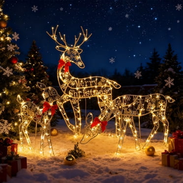 COM1950s Outdoor Christmas Decorations,Flashing Reindeer Lights Set of 3,Led Lighted Deer for Holiday Yard Garden and Patio Decor,Easy To Assemble and Store