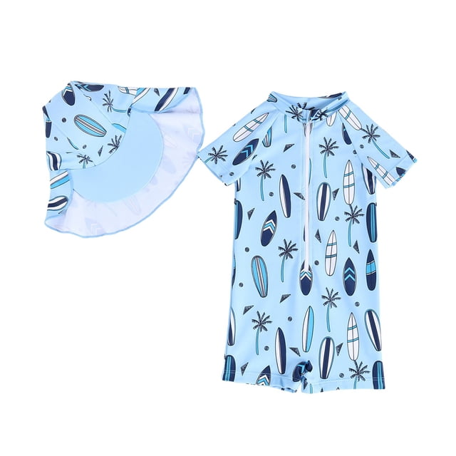 Hiiyo Infant Boys One-Piece Swimsuit Rash Guard with Hat Bathing Suit Beach Swimwear