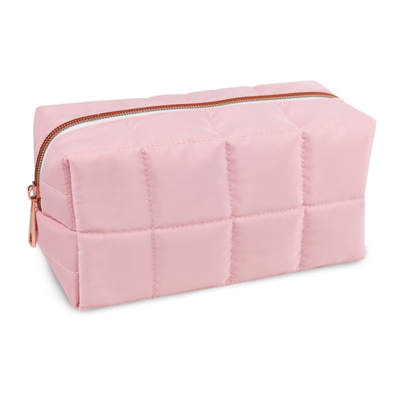 Pen+Gear Padded Squares Pencil Pouch, Smooth Pale Pink Polyester, Rose Gold Metallic Zip, College and High School