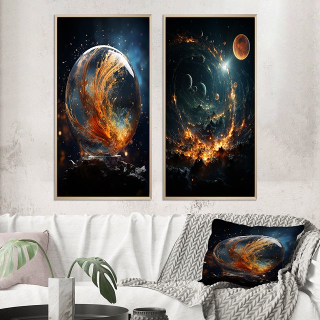 Designart "Celestial Worlds II" Galaxies Framed Wall Art Set Of 2 - Teal Fantasy Gallery Wall Frame Set For Home Decor