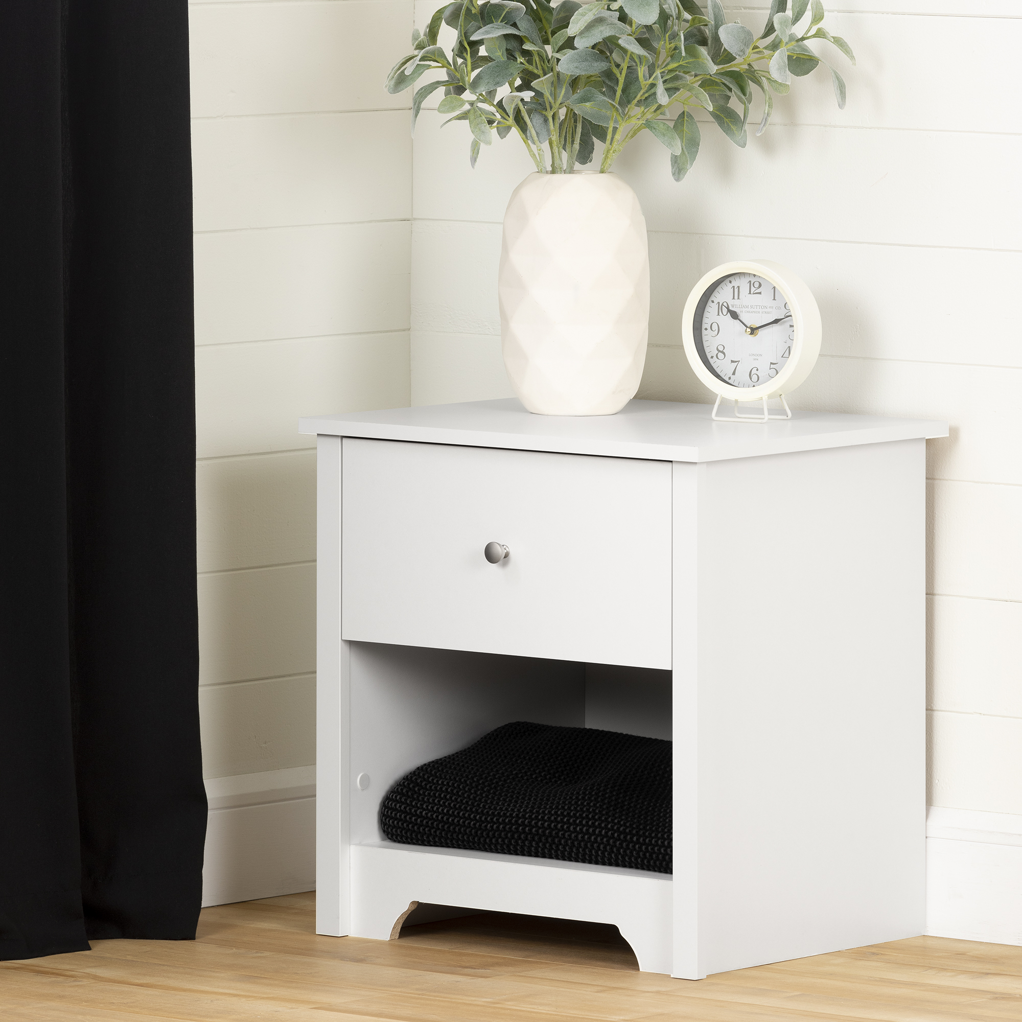 South Shore Vito 1-Drawer Nightstand - End Table with Storage for Adult, in Pure White