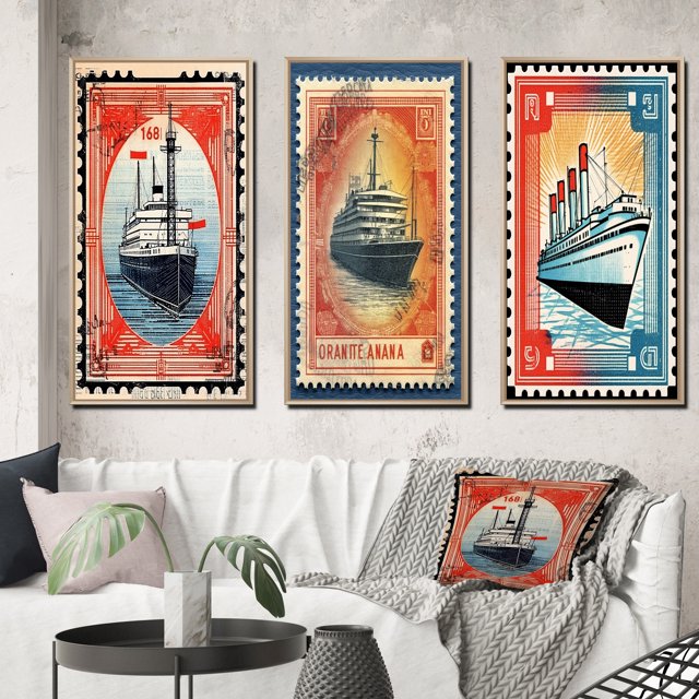 Designart "Vintage RMS Titanic Postal Stamp II" Boat Framed Wall Art Set Of 3 - Red Modern Frame Gallery Wall Set For Home Decor