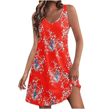 Pisexur Womens Summer Dresses Boho Beach Dress Floral V Neck Sleeveless Mini Dresses Casual Flowy Tank Dress for Beach Vacation with Pockets