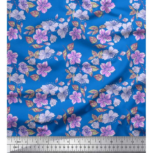 Soimoi polyester Crepe Fabric Leaves & Buttercup Floral Print Sewing Fabric Yard 42 Inch Wide