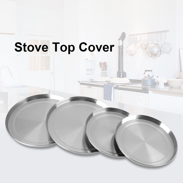 Ejoyous 4Pcs/Set stainless steel kitchen stove top burner covers, including two large covers (21cm diameter) and two small covers (17cm diameter) with a mirror-polished silver finish. Ideal for protecting stove burners, enhancing counter space, and maintaining a clean, modern kitchen look. Suitable for standard-sized electric stove burners and often used as oven accessories.