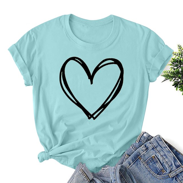 Styesk T-Shirts pour Femmes Confortables Doux Col Rond T-Shirts Chandail Mode Léger Manches Courtes T-shirt Saint-Valentin Graphique Décontracté Grande Taille Hauts Imprimé Cœur Hauts de Sortie