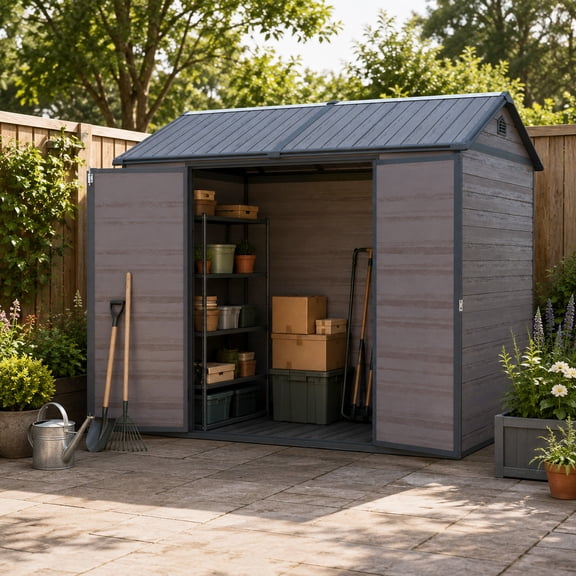 8 X 6 Ft Resin Outdoor Storage Shed Waterproof Shed With Floor & Two Windows & Lockable Door, Tool Shed For Garden, Patio, Backyard ( Brown)