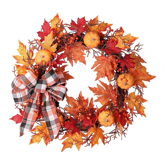 Haute Decor 24 Inch Fall Pumpkin Artificial Wreath w/ 30 Warm White Lights