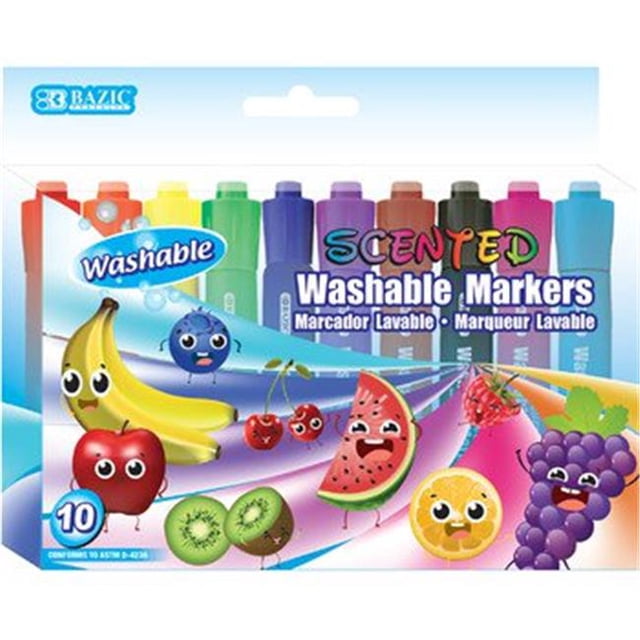 DDI 2319105 BAZIC Marqueurs - 10 Unités Lavables Parfumés, Caisse de 24. un Ensemble de 10 Marqueurs Multicolores Lavables avec Pointes Biseautées, Présentant des Couleurs Vibrantes comme Rouge, orange, Jaune, Vert, Bleu, Violet, Brun, Noir, fuchsia et aqua. Chaque Marqueur Est à Base d'Eau, Résistant à la Décoloration et Sécuritaire pour les Enfants, avec des Parfums Uniques comme Cerise, orange, Banane, kiwi, Raisin, Bleuet, punch aux Fruits, Chocolat, Mûre et Framboise. Emballé