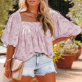 thumbnail image 3 of Womens Bell Sleeve Blouse Crewneck Lace Tops Floral Textured Babydoll Shirts, 3 of 6