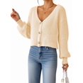 thumbnail image 2 of Women'S Long Sleeve V-Neck Button Down Rib Knit Cropped Cardigan Sweater Apricot S, 2 of 9