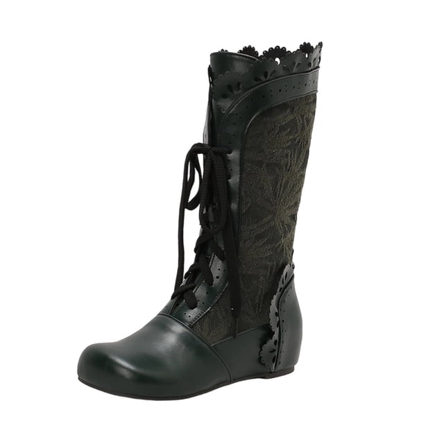 LOVZFMLL Bottes pour Femmes Mi-Mollet Bottes d'Hiver à Lacets Bout Rond Sangles Ajustables Talon Plat Mode Automne Hiver Bottes Chaussures