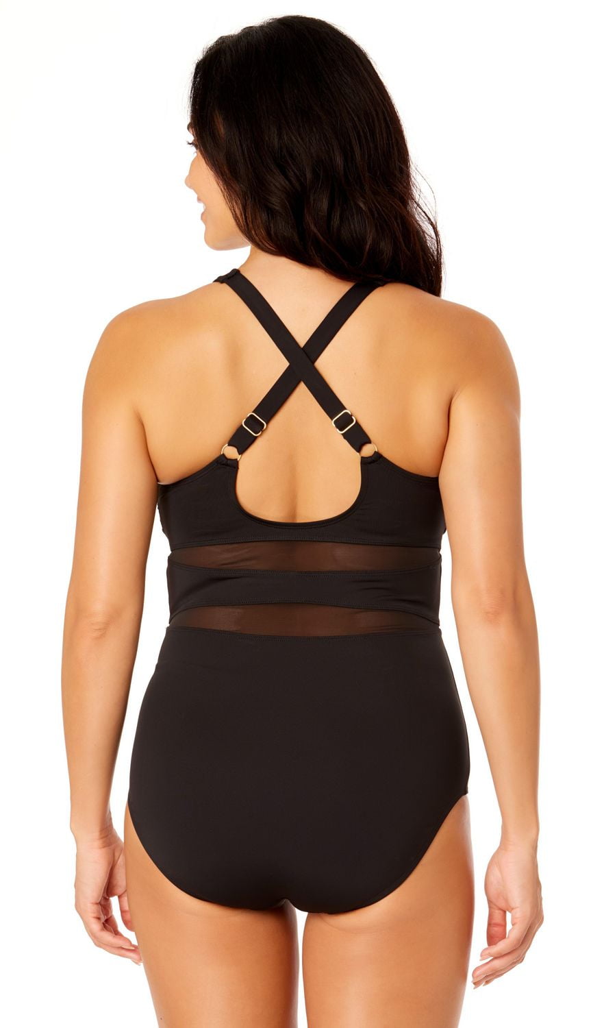 Lands' End Women's Size S-XXL Nylon Spandex High Neck One-Piece Swimsuit with Mesh Detail