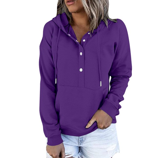 Timegard Hoodies for Women Button Long Sleeve Sweatshirts Pullover Fall Winter Loose Top with Pocket