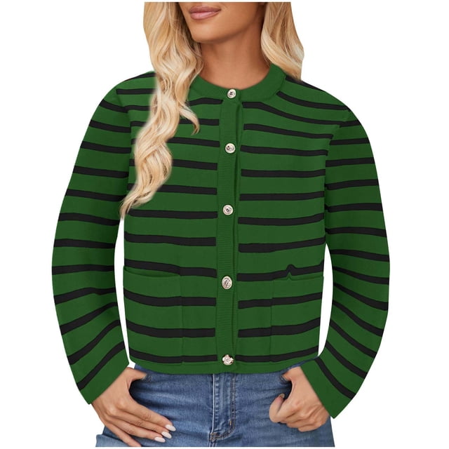 MeetoTime Women's Long Sleeve Striped Cardigan Sweaters Button Down Open Front Long Sleeve Knit Outwear with Pockets