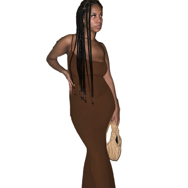 stanreset Jupe Longue Bodycon Robe de Soirée Vêtements pour Cami Spaghetti Sans Manches Forme du Corps Polyvalent Jolie Tenue d'Été Brun/l