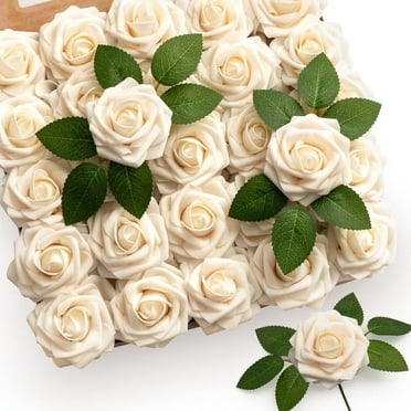 Artificial Flowers 50pcs Real Looking Cream Foam Fake Roses with Stems for DIY Wedding Bouquets Bridal Shower Centerpieces Floral Arrangements Party Tables Home Decorations Mother's Day Gift