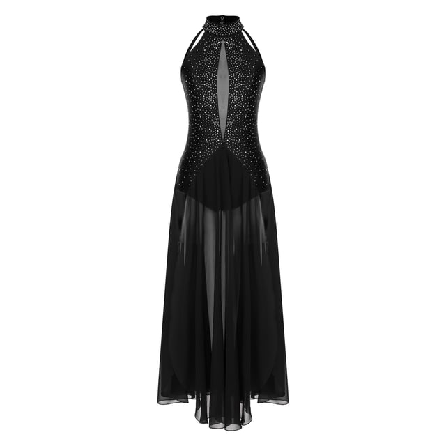 YiZYiF Robe de Performance de Danse Lyrique Longue pour Femmes, Dos Croisé Fendu, Danse de Salon Moderne, Noir, TP