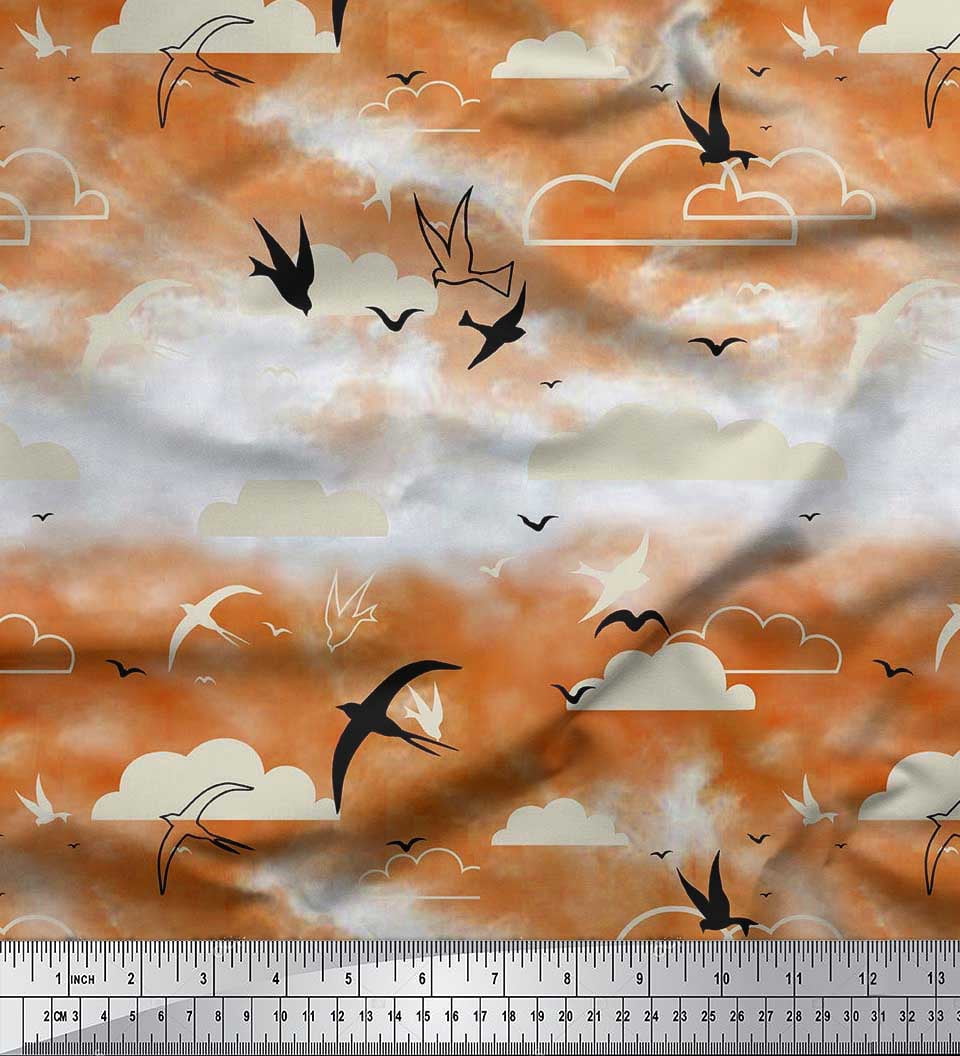 Soimoi Georgette Viscose Fabric Clouds & Flying Swift Bird Printed Fabric 1 Yard 42 Inch Wide