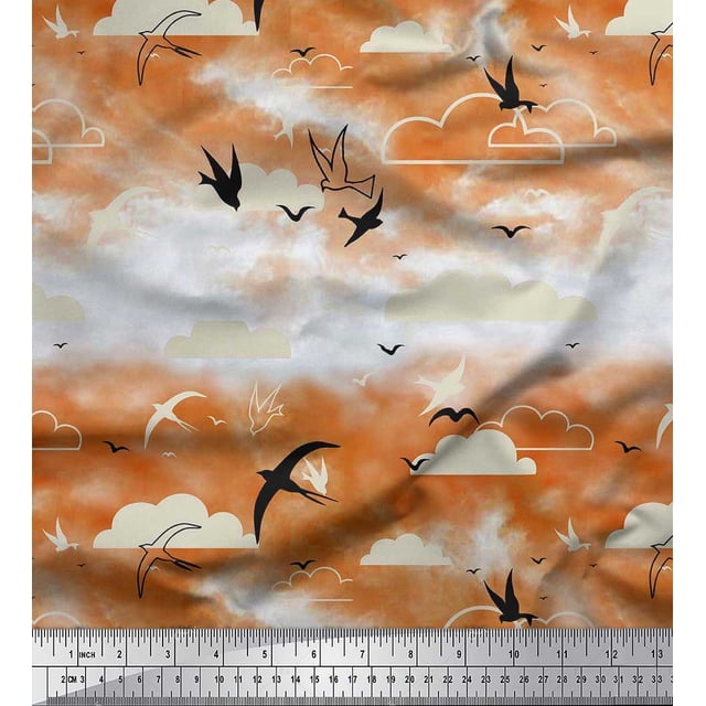 Soimoi Modal Satin Fabric Clouds & Flying Swift Bird Print Fabric by the Yard 42 Inch Wide