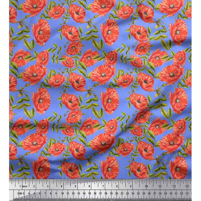 Soimoi Blue Poly Georgette Fabric Leaves & Floral Decor Fabric Printed Yard 52 Inch Wide