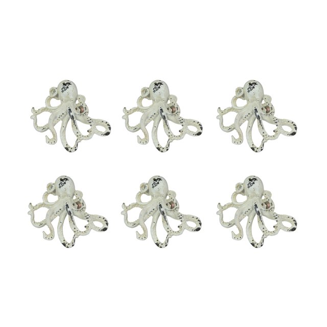 Set of 6 distressed finish coastal white cast iron octopus drawer pulls or cabinet knobs. Each pull features a whimsical octopus design with a distressed white finish, adding a nautical touch to furniture or cabinets. Made of durable cast iron, each pull measures 2 inches high, 2.25 inches long, and 1 inch deep. Installation hex nuts are included.