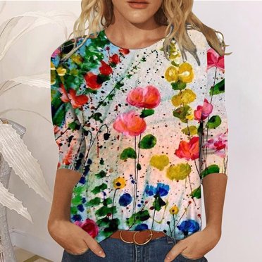 Jsaierl Hauts à Manches 3/4 pour Femmes Imprimé Floral Col Rond Mignons Chemisiers Décontractés Amples Tendance Polyvalent Pull d'Entraînement