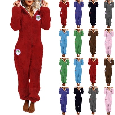 Frostluinai Pyjama Grenouillère en Molleton de Noël pour Femmes, Sherpa Duveteux à Fermeture Éclair, à Capuche, Combinaison une Pièce Chaude, Bas à Cordon, Vêtement de Nuit avec Poches