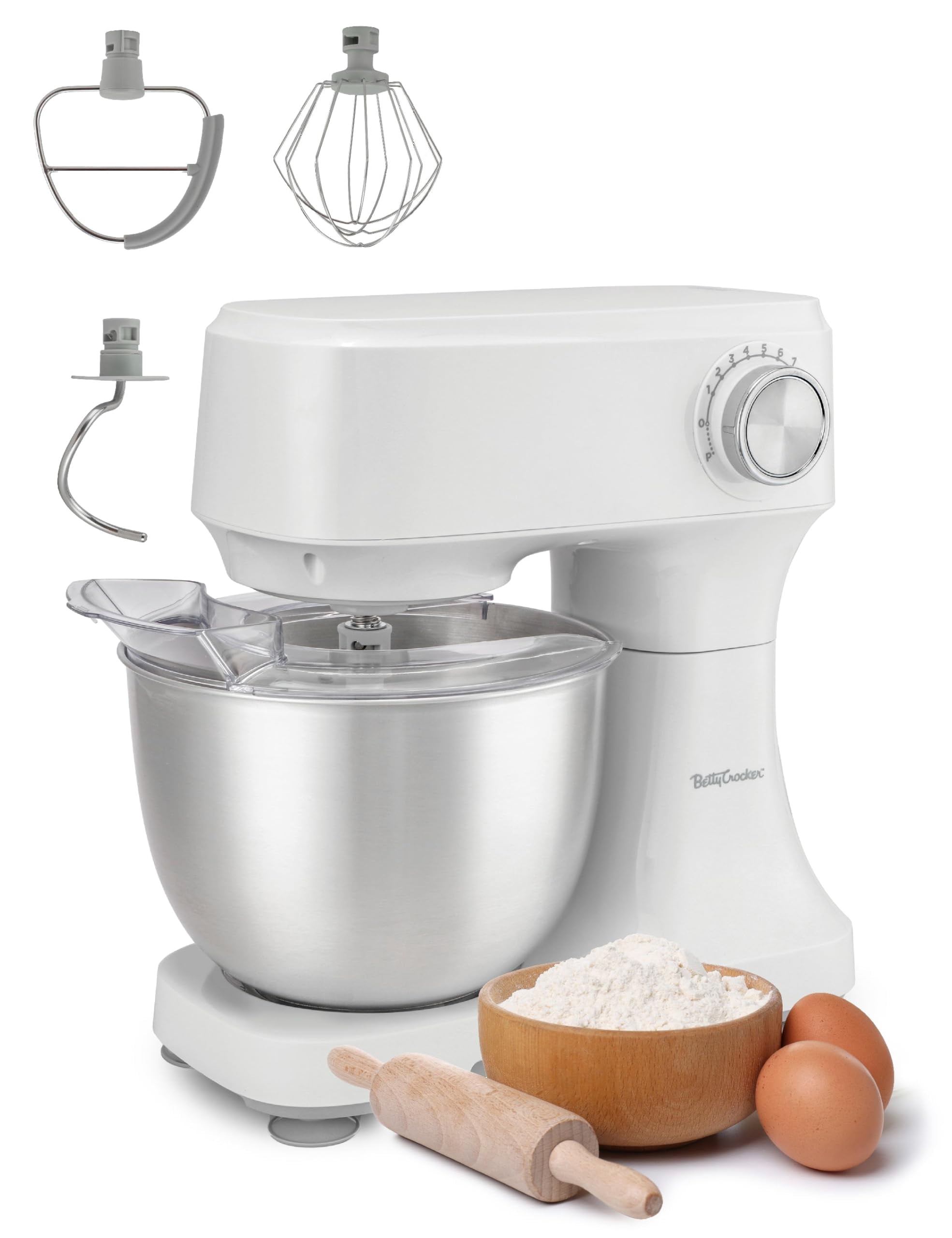 Betty Crocker Stand Mixer 3.7-Qt Electric Mixer with 10 Speeds Kitchen Mixer with Dough Hook Whipping Whisk & Flat Beater with Scraper Kitchen Appliances with Anti-Splash Cover 300 watts White