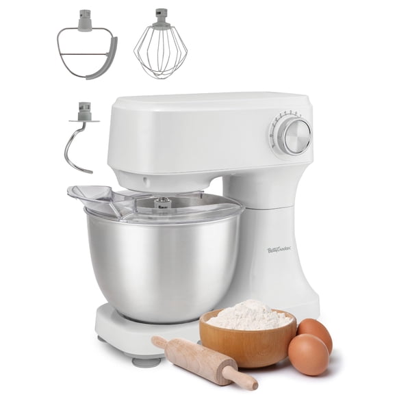 Betty Crocker Batteur sur Socle Mélangeur Électrique 3,7 Qt avec 10 Vitesses Mélangeur de Cuisine avec Crochet Pétrisseur Fouet et Batteur Plat avec Grattoir Appareils de Cuisine avec Couvercle Anti-Éclaboussures 300 watts Blanc