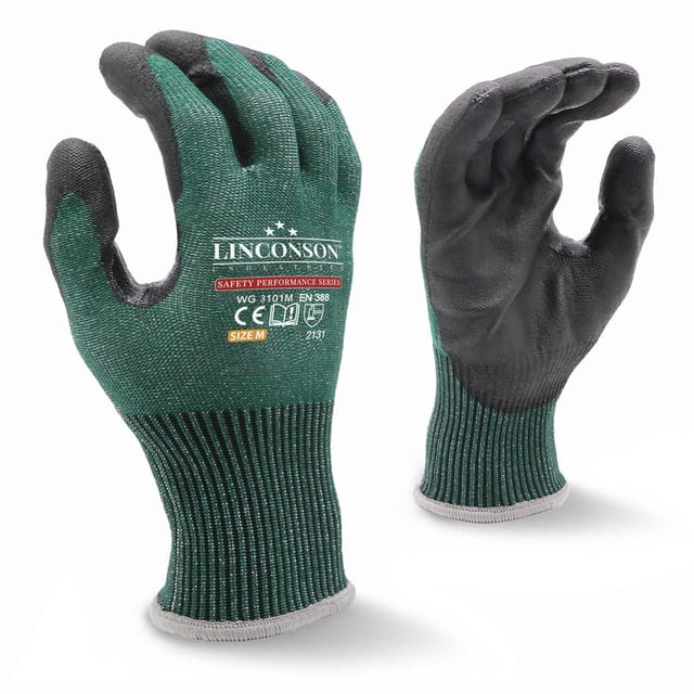 LINCONSON 3 Pack Level 5 Cut Resistant Safety Performance Series Construction Mechanic PU Work Gloves Thumb Double Reinforced (Medium,Green)