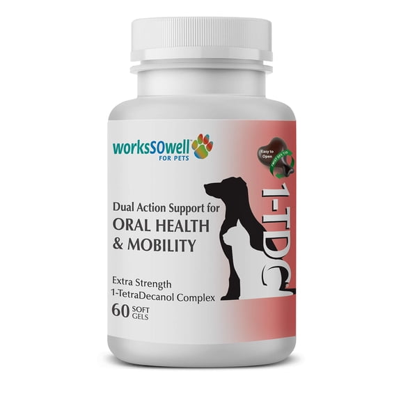 WorksSoWell 1TDc Dual Action Natural Support - 60 Twist Off Soft gels Delivers 4 Health Benefits for Dogs cats Supports Oral Hip Joint Health Muscle Stamina Recovery Skin coat Health