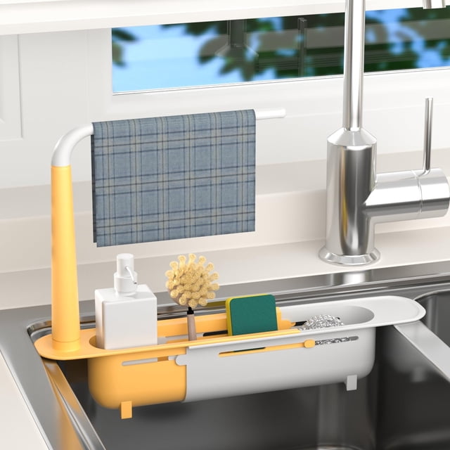 MTBLYS Telescopic Sink Caddy Kitchen Sink Basket with Extendable Arm Removable Over Sink Organizer Dish Sponge Storage Rack Countertop Drying Rack Kitchen Sink Accessories