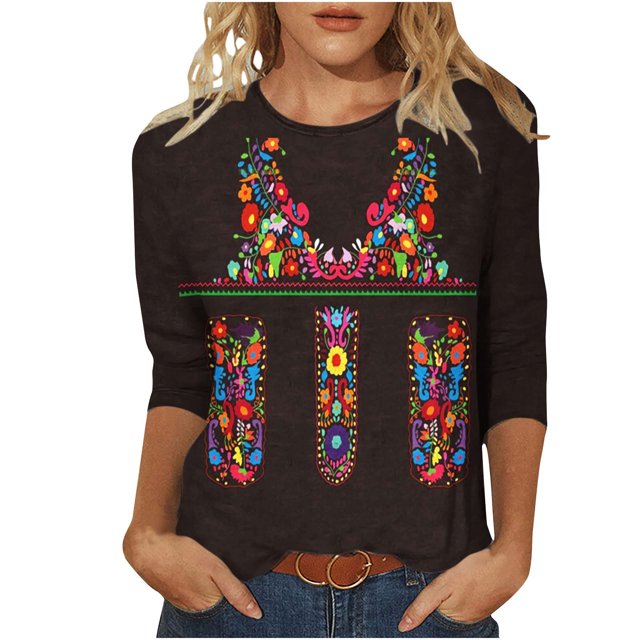 HKEJIAOI Hauts pour Femmes à Manches 3/4, Imprimé Floral, Col Ras du Cou, TTG, Blouse d'Été