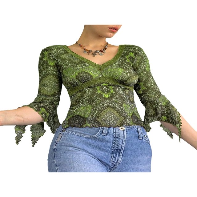 MesaSe Chandail Rétro pour Femmes Manches Évasées Imprimé Floral Ourlet en Dentelle Col en V