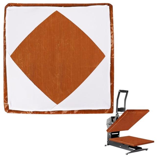 Heat Press Platen Wrap Cover, a 15 x 15-inch reusable protective cover made of fiberglass-coated heat-resistant cloth in coffee and white colors. Ideal for sublimation heat pressing, it shields the upper platen of heat press machines from scratches, stains, and residues. The cover features a diamond-shaped coffee-colored center with white elastic edges for easy application. Also shown is a heat press machine, highlighting its compatibility as a craft machine accessory.