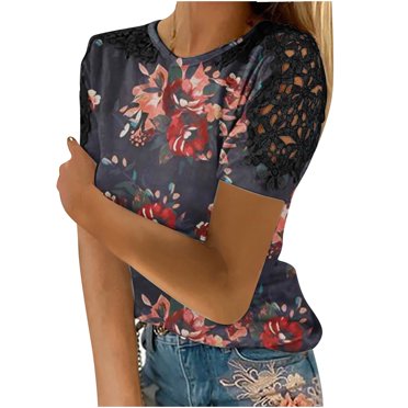 TopLLC Hauts Grande Taille pour Femmes Été 2024 Bloc de Couleur Dentelle Florale Manches Courtes T-Shirts Col Rond Décontracté Hauts d'Été Blouses Coupe Ample en Solde