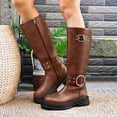 thumbnail image 3 of Fall Mid Calf Combat Boots for Women 2025 Buckles Studded Leather Platform Chunky Cowboy Riding Tall Boots, 3 of 7