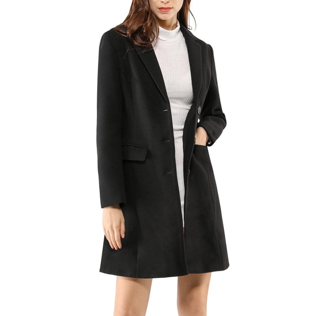 INSPIRE CHIC Women's Coat Solid Color Notched Lapel Single Breasted Winter Peacoat Black S