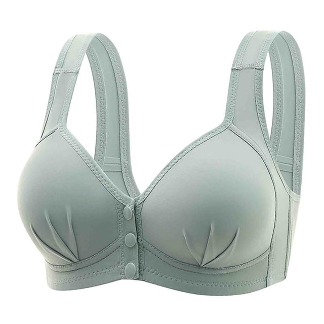 Timegard Bras for Women No Underwire Front Closure Full Coverage Support Comfy Daily Seniors Bras in a soft green shade. This women's intimate wear features a front closure with three buttons, wide adjustable straps, and full coverage cups with subtle pleated detailing. Made from breathable, stretchy fabric for comfort and support, ideal for daily use and pairing with various outfits.