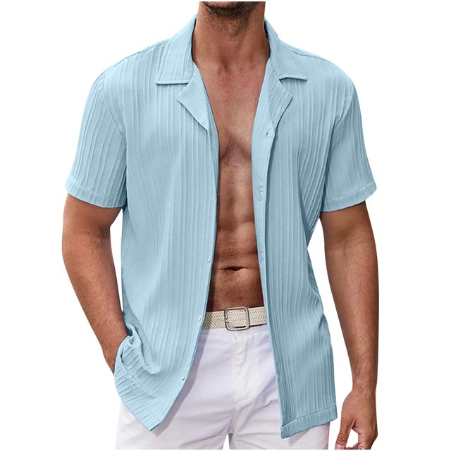 EOYWHK Mens Cotton Linen Shirts Short Sleeve Summer Ribbed Knit Button Down Cardigan Solid Color Collared Lapel Office Blouse Workwear Beachwear
