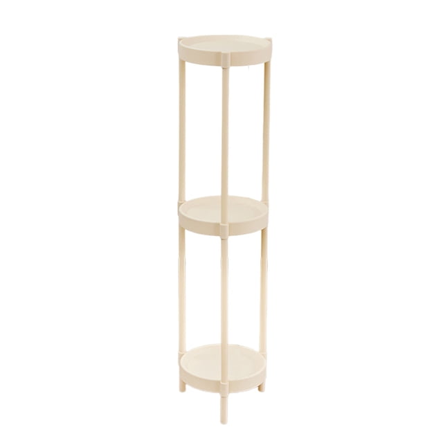 Uuiauoio Sturdy Plastic End Table with Tier Storage Rounded Corners for Living Room Bedroom Modern Side Table Small Coffee Table Durable Lightweight. This white table features three round tiers with raised edges for secure storage, supported by vertical plastic rods. Its compact design and rounded corners ensure safety and versatility, ideal for living rooms, bedrooms, or as a small coffee table. Dimensions: 90x21cm (35.4x8.3in).