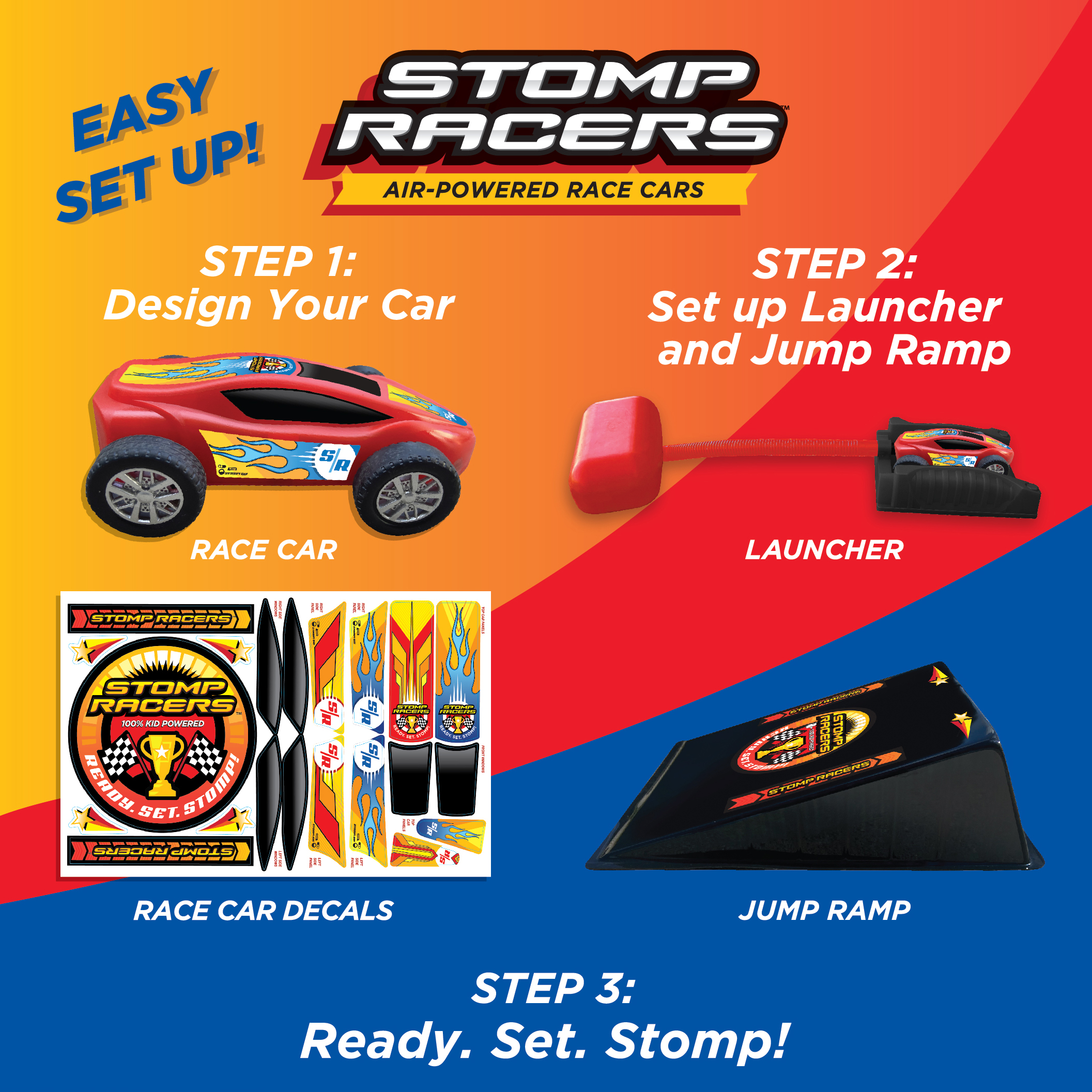 Stomp Racers Air Powered Cars by Stomp Rocket - Includes 1 Race Car and Launcher, Fun Outdoor Toys for Boys and Girls Ages 5 and up